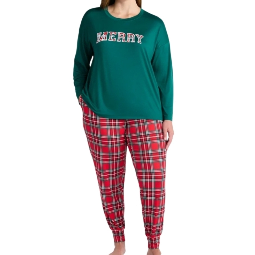 Plaid Pajama Pants and Green Women's Sleepwear Top Set Sz 3X Nwt